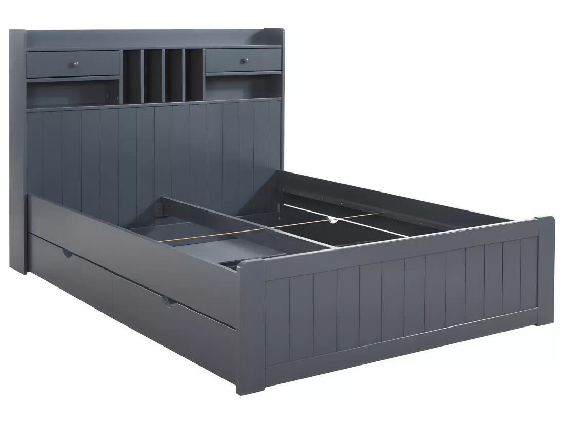Lit avec rangements 140 x 190 cm - Pin - Gris anthracite + Sommier - MEDERICK