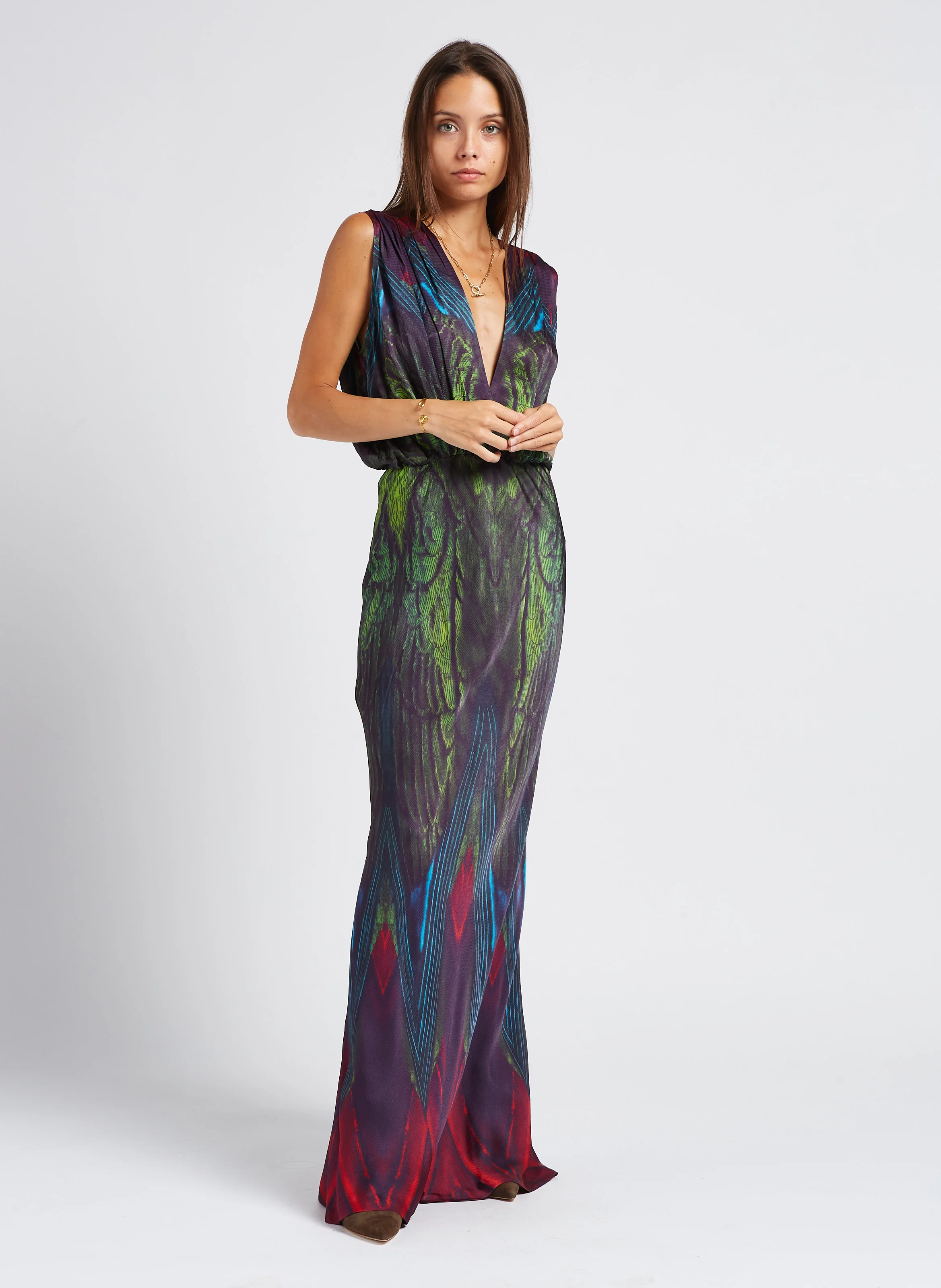 ILANE - Robe longue col V en satin imprimé | Multicolore