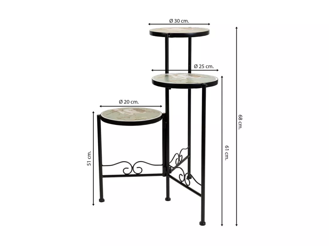 Support en mosaïque et fer forgé noir d30x68h-d25x61h-d20x51h