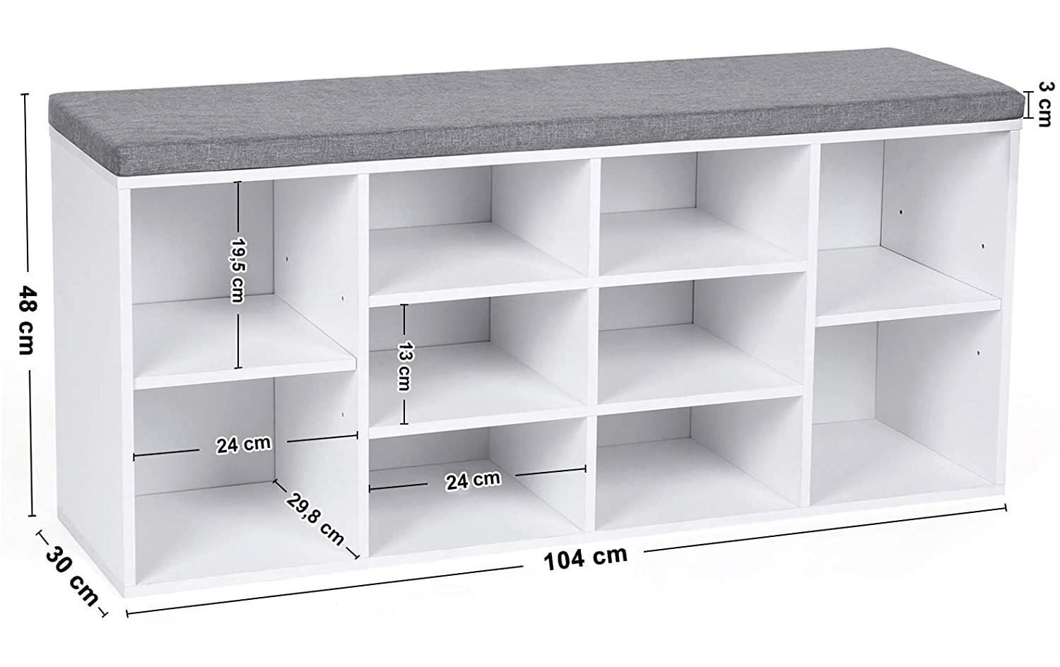Schuhregal mit Polster, 104 x 48 cm, Weiss<br>Schuhablage mit Sitzbank