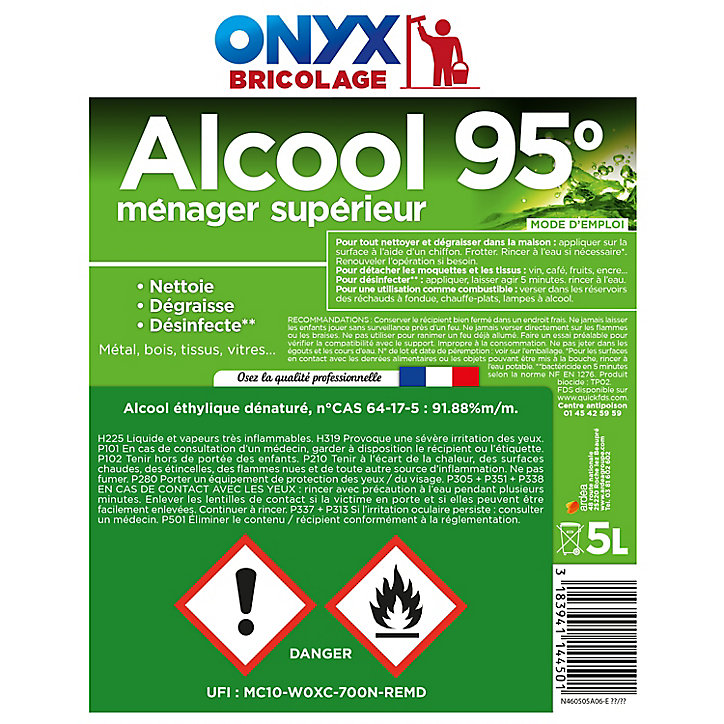 Alcool ménager supérieur 95° Onyx 5 L