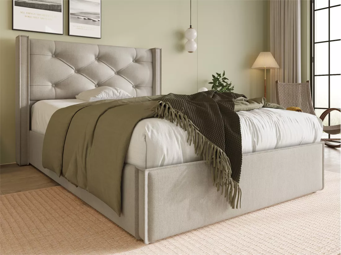 Lit coffre capitonné 90x200cm en tissu coton - avec sommier à lattes - Gris Clair