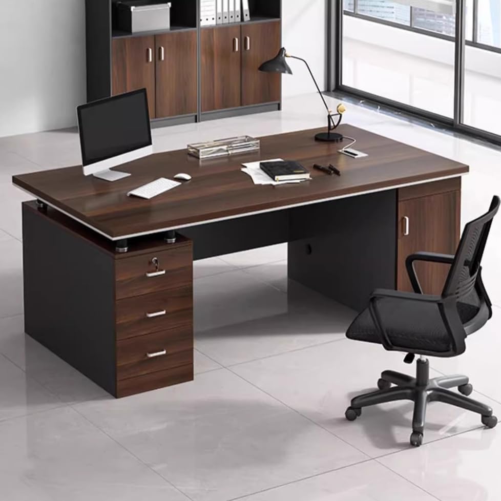Büroschreibtisch, modern, Computertisch, braunes Holz, mit schwarzem Schlittenfuß, abschließbarer Schublade und Schrank, Wohnmöbel – ohne Stühle, 160 cm L x 69,9 cm B x 77,2 cm H