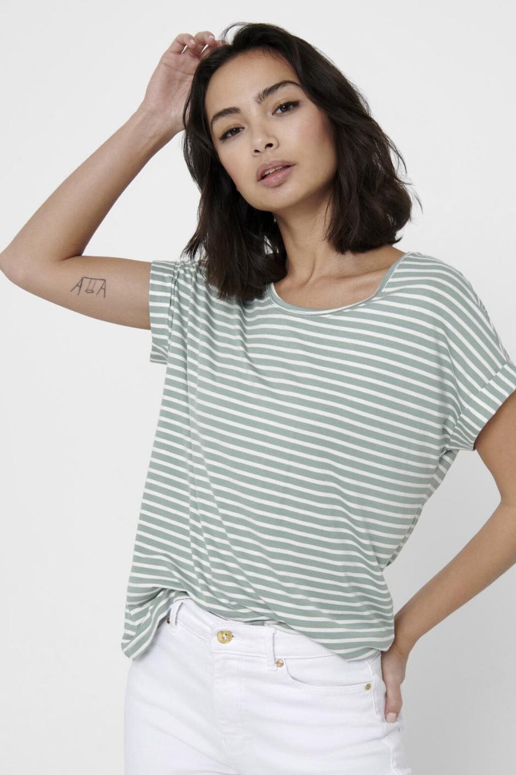 Only Onlmoster Stripe S/S O-Neck Top 3562253 jadeite cloud dancer