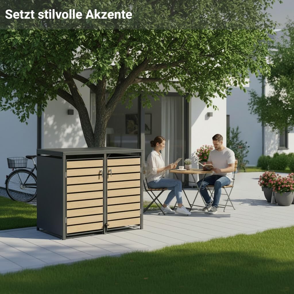 Mülltonnenbox Metall Anthrazit für 2×240L - Premium Mülltonnenverkleidung mit Fußpedal, pulverbeschichtet, Holzoptik-Front – W132×D80×H116 cm