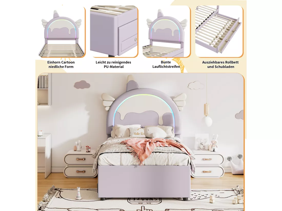 Lit gigogne 90 x 200 cm + 90 x 190 cm avec 3 tiroirs - Tête de lit en forme licorne - Similicuir - Violet