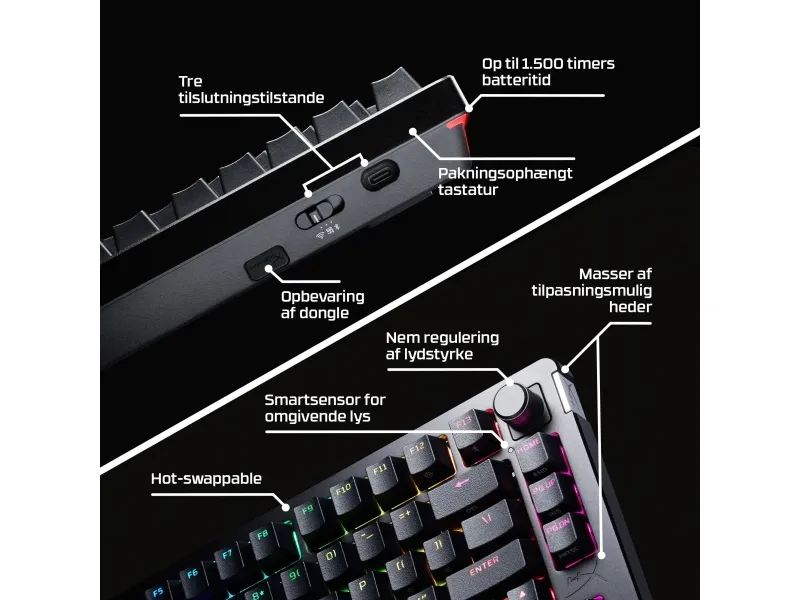 HyperX Alloy Rise - Tastatur - 1000 Hz pollingfrekvens, 100% anti-ghosting, 80 millioner tastetryk - 75% - bagbelyst - trådløs - 2.4 GHz, Bluetooth, USB-C - tastkontakt: HyperX Linear - sort