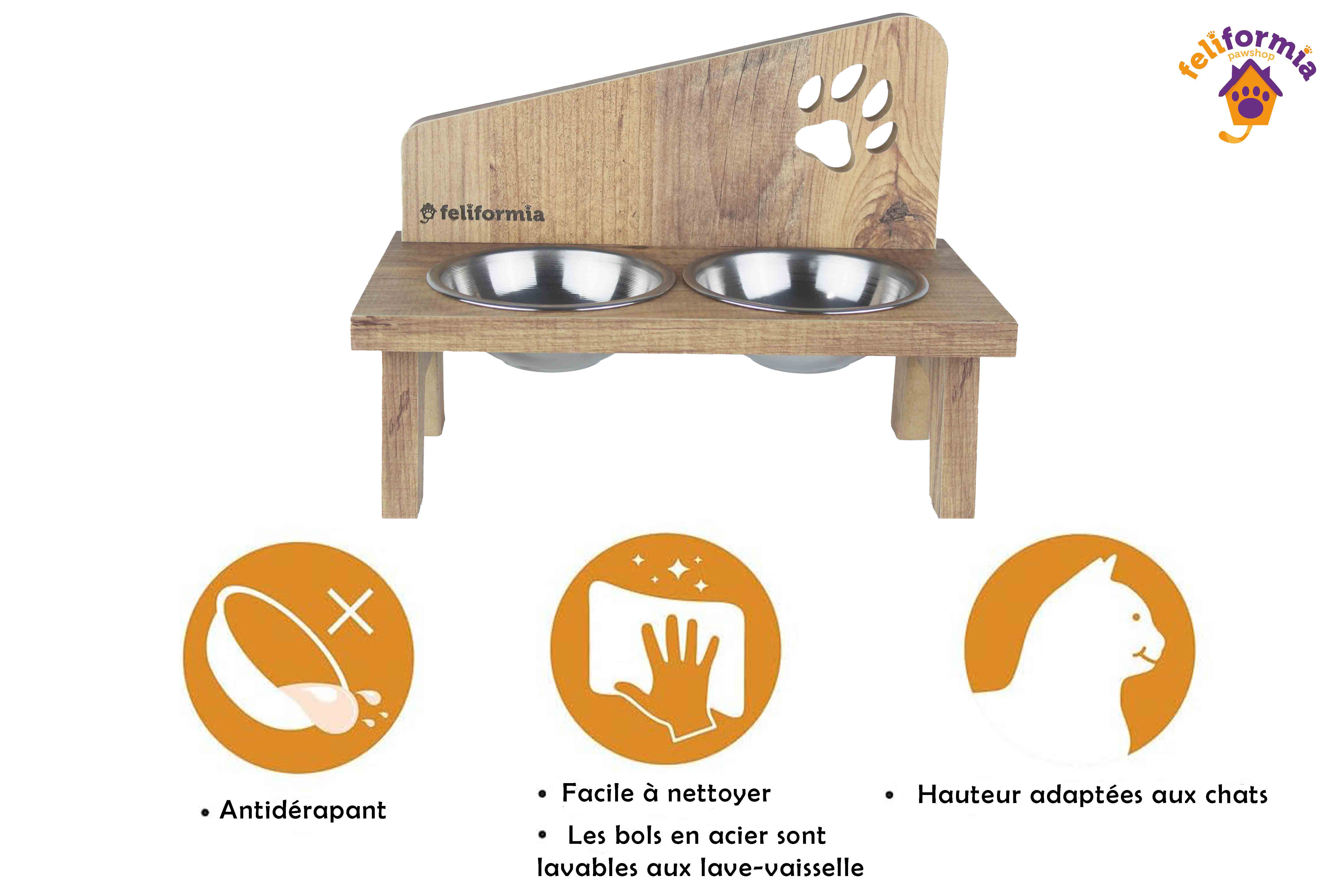 Feliformia® Gamelle Chat 600ml Support en bois avec 2 Bols Gamelle Chat surélevée acier inoxydable Bol pour Chat et Petit Chien