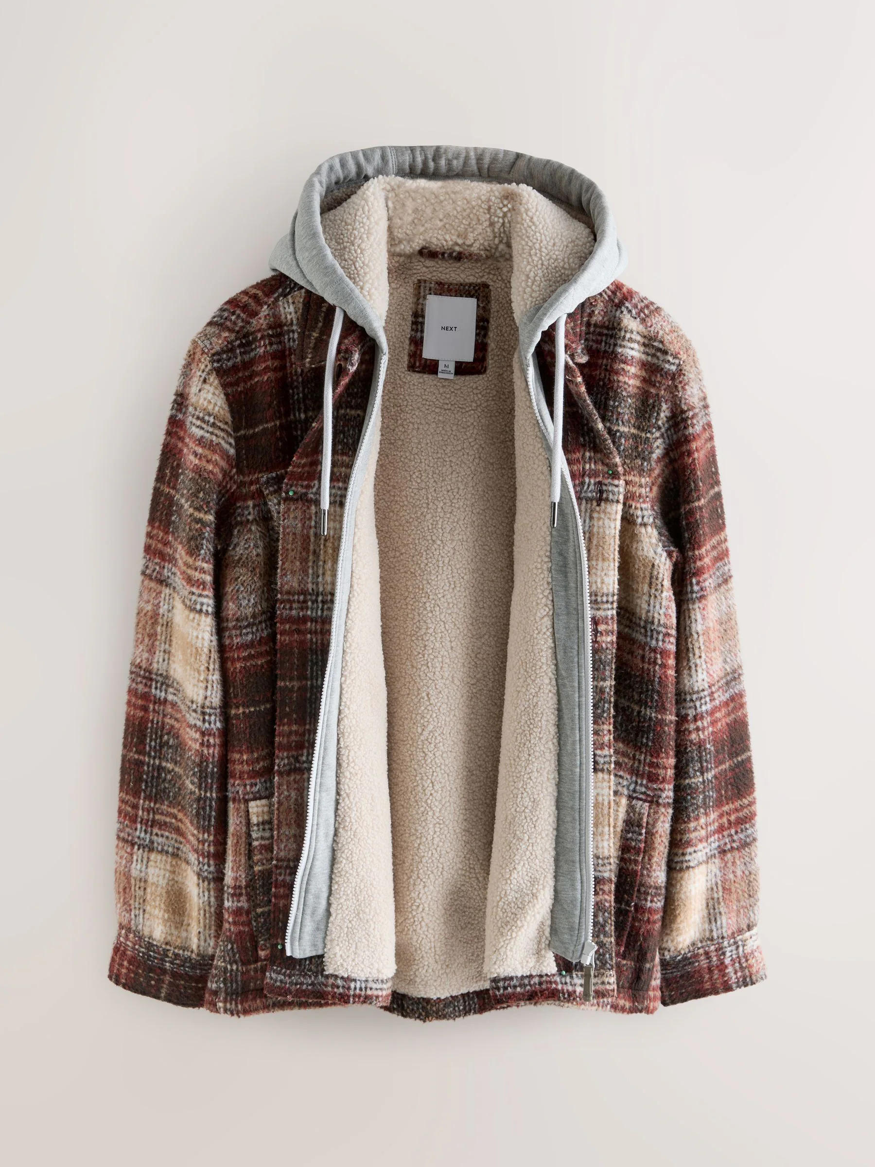 Roestbruin - Borg gevoerd ruit overshirt met capuchon