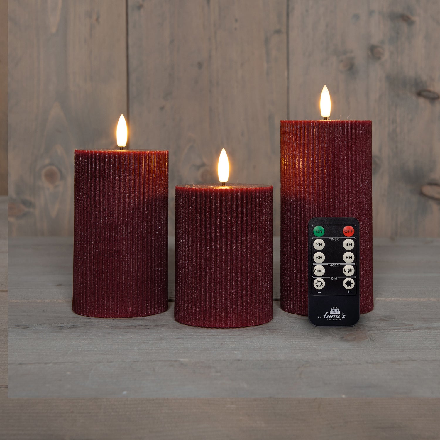 Anna's Collection LED stompkaars Rib met timer bordeaux D 7,5 H 12,5 cm