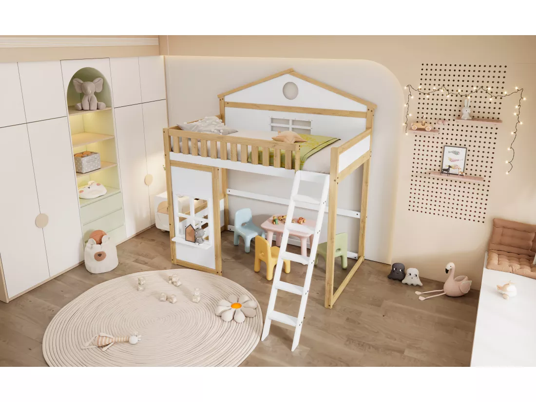 Lit mezzanine 90 x 200 cm avec fenêtres & garde-corps - pin + MDF - blanc + naturel (sans matelas)