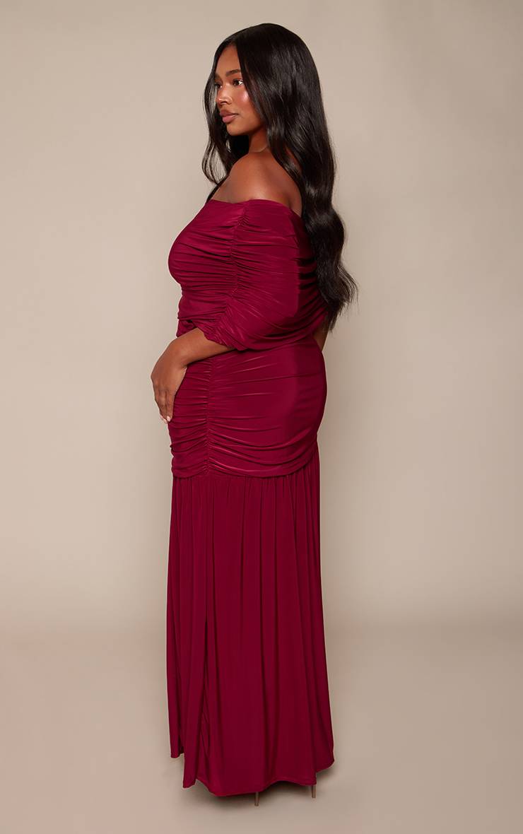 Rouge Robe Maxi Grande Taille En Jersey Slinky Double Couche À Encolure Bardot Et Fronces
