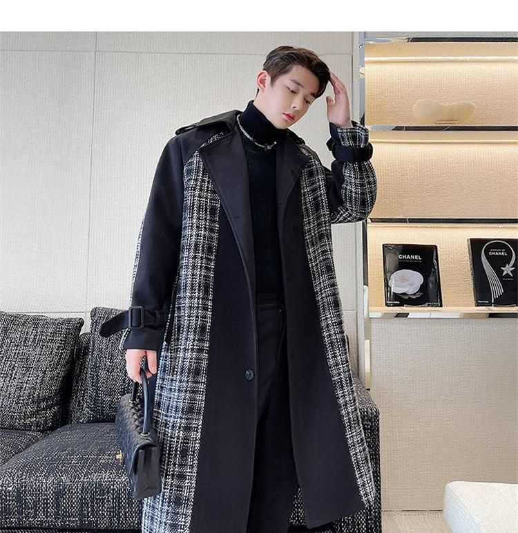 Patow - Wollen trenchcoat met lange mouwen en geruit paneel