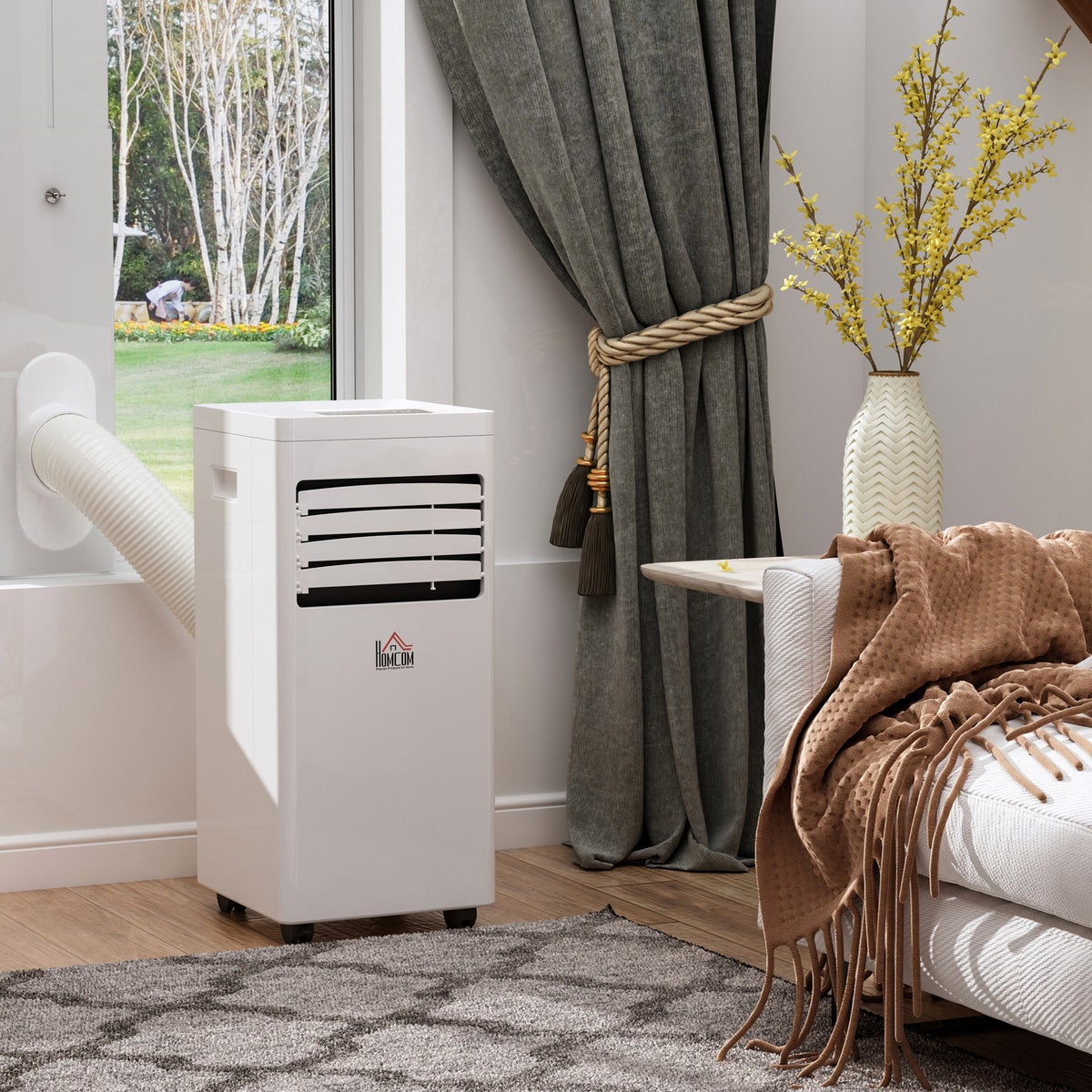 HOMCOM Draagbare airconditioner, 7000BTU 3-in-1 unit - Koelen, ontvochtigen en ventileren - Luchtontvochtiger, ventilator, met afstandsbediening, 24-uurs timer, 2 snelheidsstanden, voor 10-15 m², wit