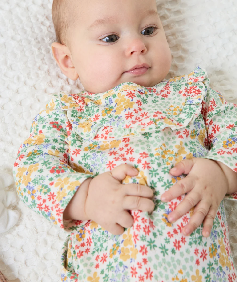 dors-bien bébé en coton bio imprimé fleurs et col à volants