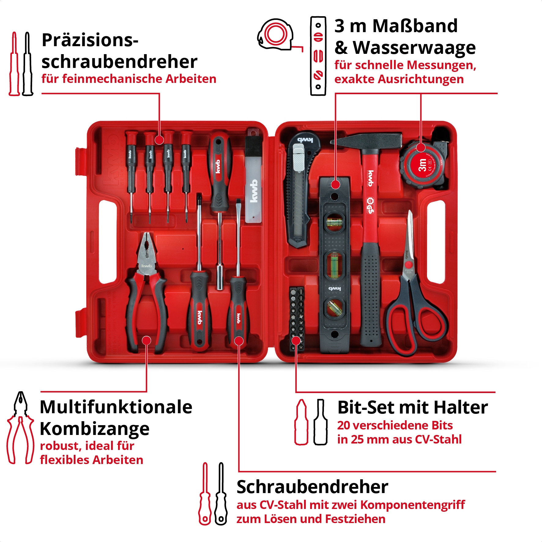 kwb Werkzeugkoffer, 35-tlg., Werkzeug-Set, Werkzeugkasten (Basisausstattung für den Haushalt mit Schraubendrehern, Bits, Kombizange, Maßband, Hammer, Schere, Wasserwaage, Abbrechklingenmesser, usw.)