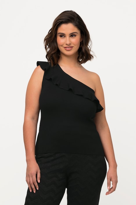 Stricktop, asymmetrisch, Volant, Rundhals, ärmellos