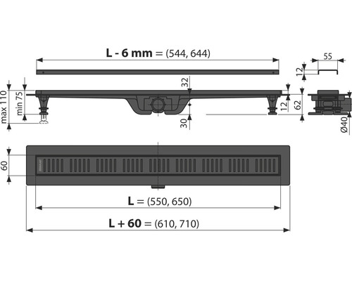 form&style REDONDA doucheafvoer 550 x 62 mm, afvoercapaciteit 28 l/min, matzwarte afwerking