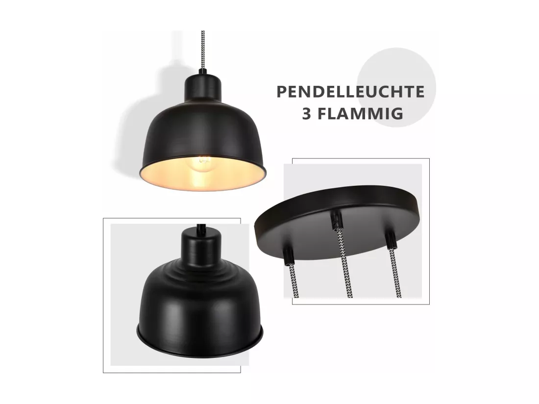 NETTLIFE Suspension Métal Diam.17,8 cm E27 Noir Vintage Industriel Rétro Cuisine Lampe 3 Ampoules pour Salle à Manger Chambre Salon Cuisine Hôtel