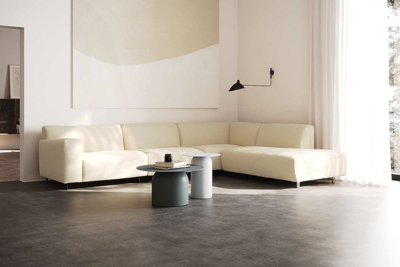 Vesta hjørnesofa 3-seter med åpen ende høyre, Big hjørnemodul, Tekstil Gianni Cream, standardsøm, sort metallben 10 cm, Comfort CM