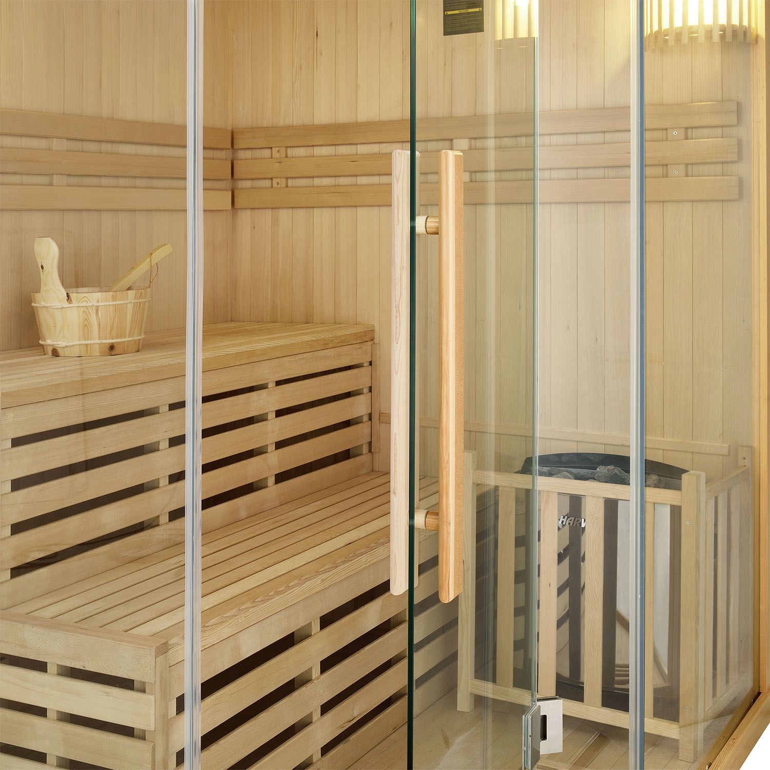 Artsauna Saunakabine Espoo150 Premium mit Harvia Ofen – 3 Personen – Hemlock Holz & Glasfront