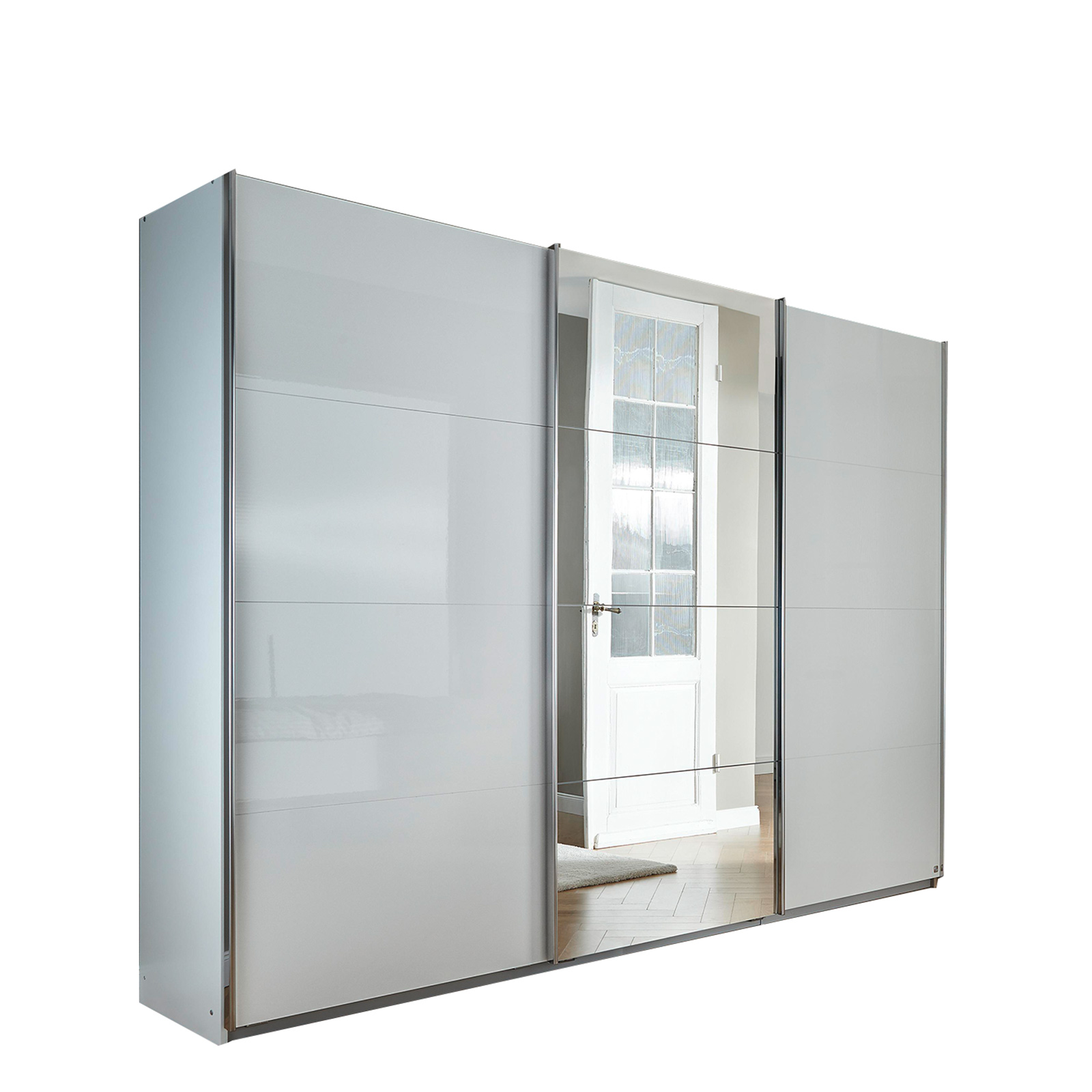 Schwebetürenschrank - weiß Hochglanz - alufarben - mit Spiegel - 271x210 cm