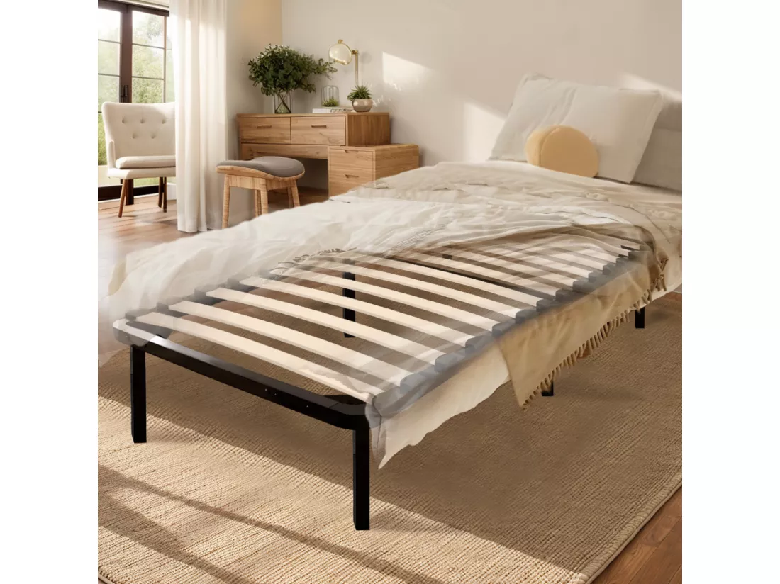 Sommier 90x190cm avec 6 Pieds - Sommiers à Lattes en Bois - 14 Lattes