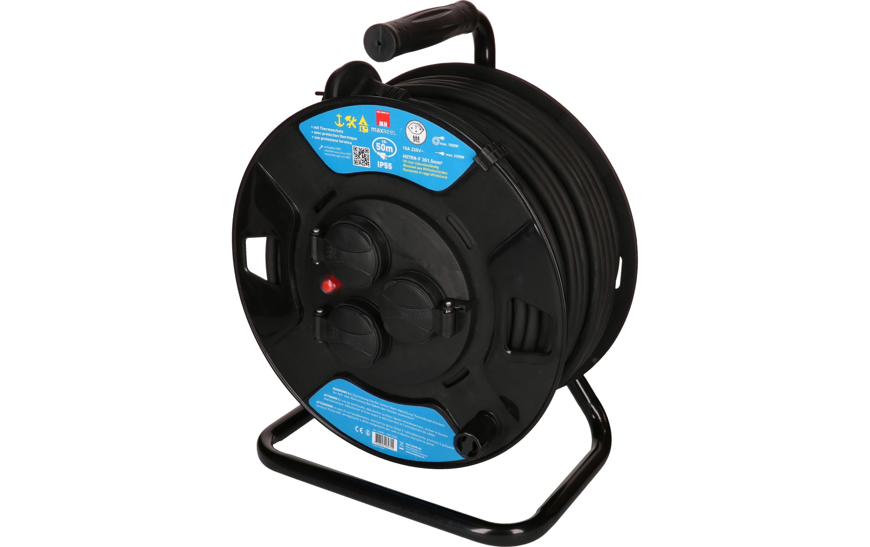 Kabelrolle maxREEL 50 m, 3x T13, IP55, Schwarz<br>50 m Kabeltrommel mit Metallrahmen für den Aussenbereich