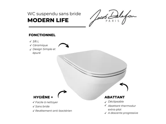 WC suspendu sans bride JACOB DELAFON Modern Life + abattant extra-plat
