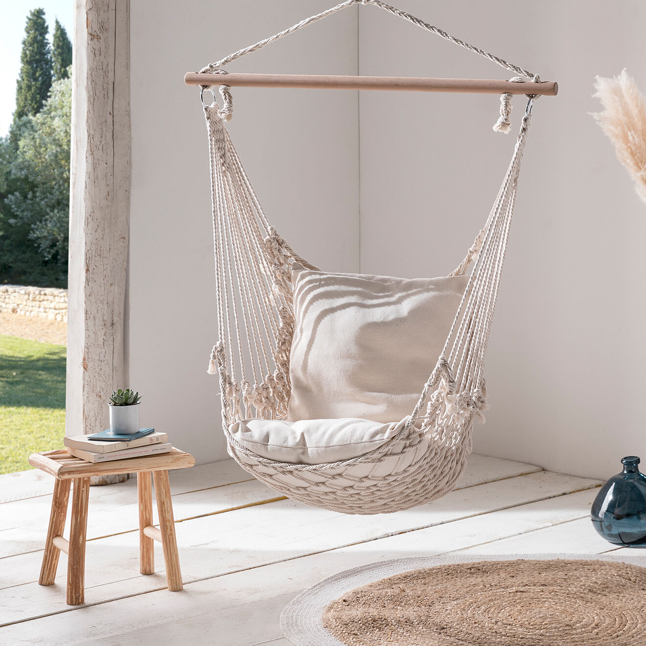 Pratik Garden Hamac suspendu macrame + coussin beige bois/beige - 90x120 cm