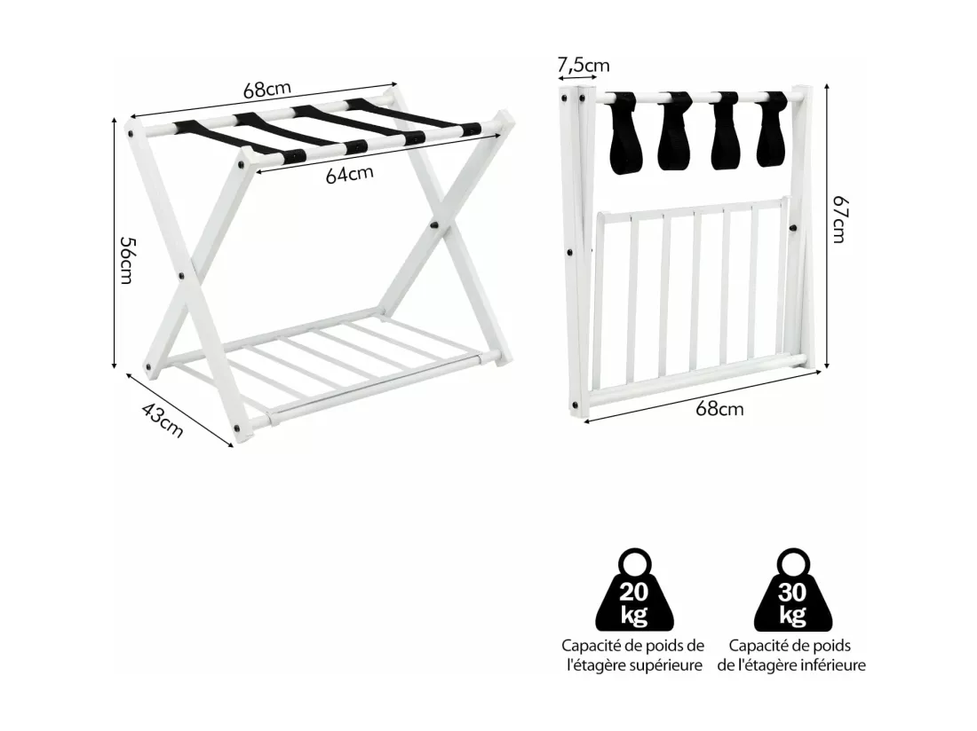Support de Valise Pliable avec 2 Etages et 4 Sangles, Porte-Valise Fabriqué par des Tubes en Fer de Haute Qualité, Accessoire de Domicile, Hôtel pour Rangement, 68 x 44 x 57 cm, Blanc