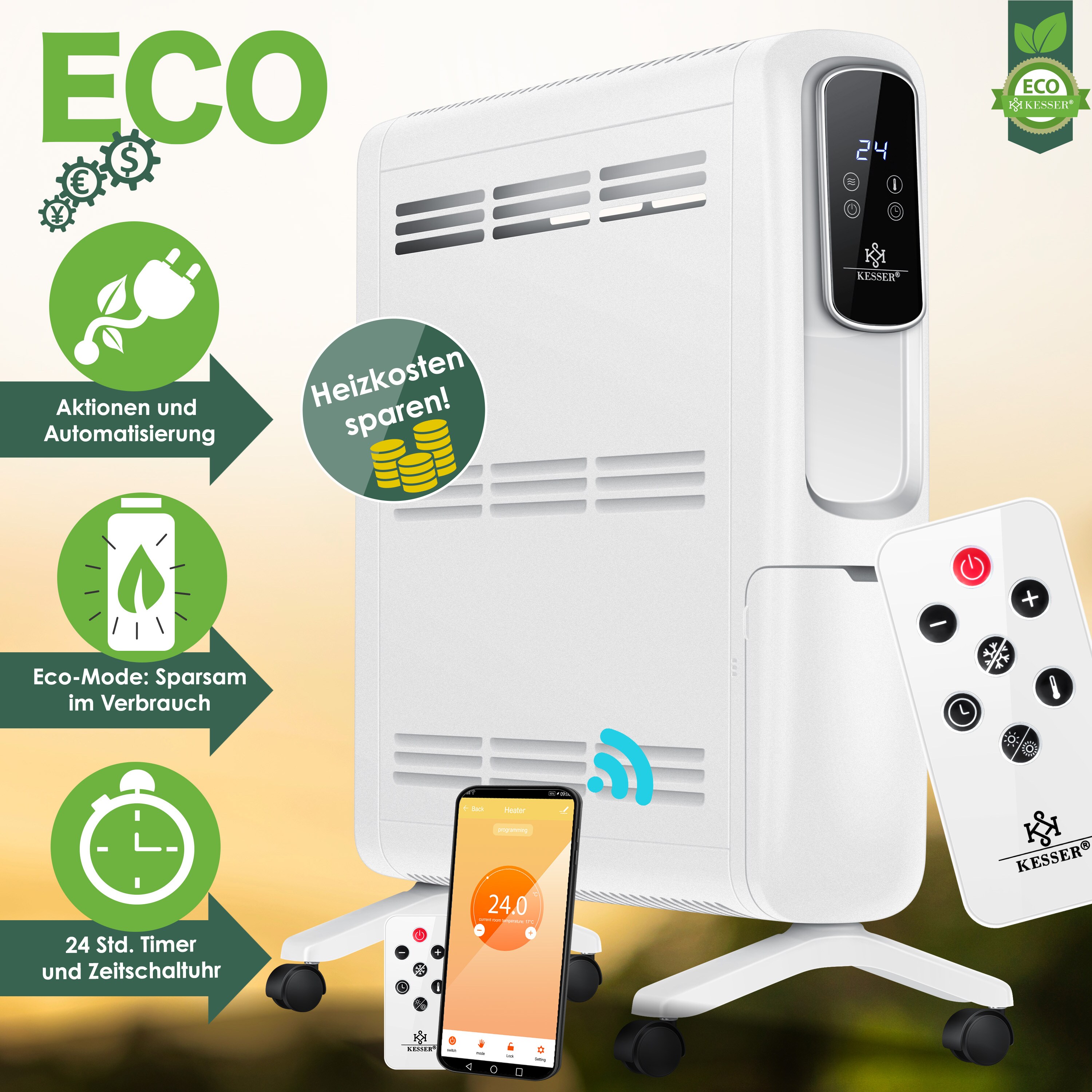 KESSER® Konvektor Elektrische Heizung ECO 2500W Heizkörper Elektroheizung Standheizung energiesparend Display WiFi App & Fernbedienung Touchscreen - Mobil Radiator 24h Timer Thermostat