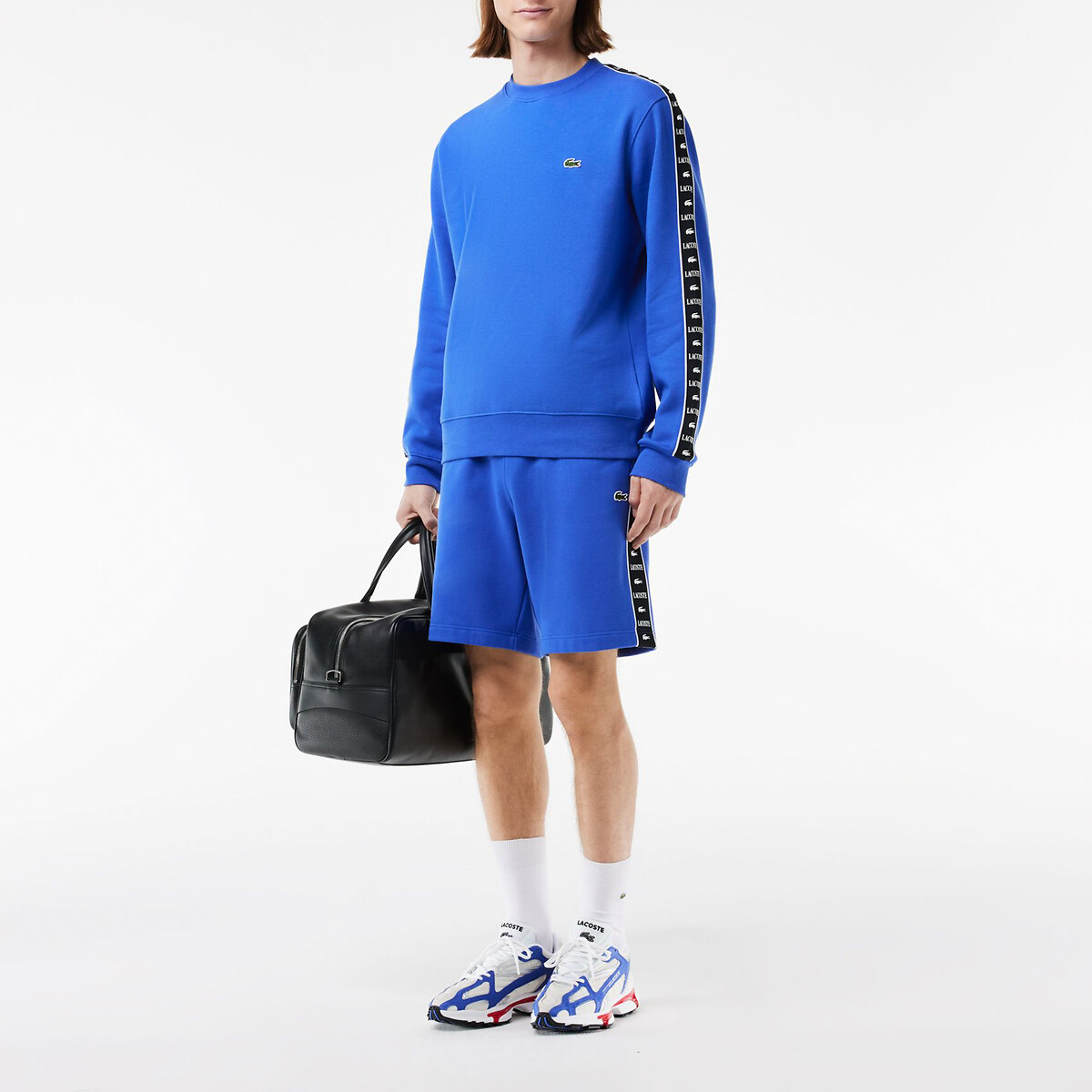 LACOSTE<br>Suéter de gola redonda com listras e logo