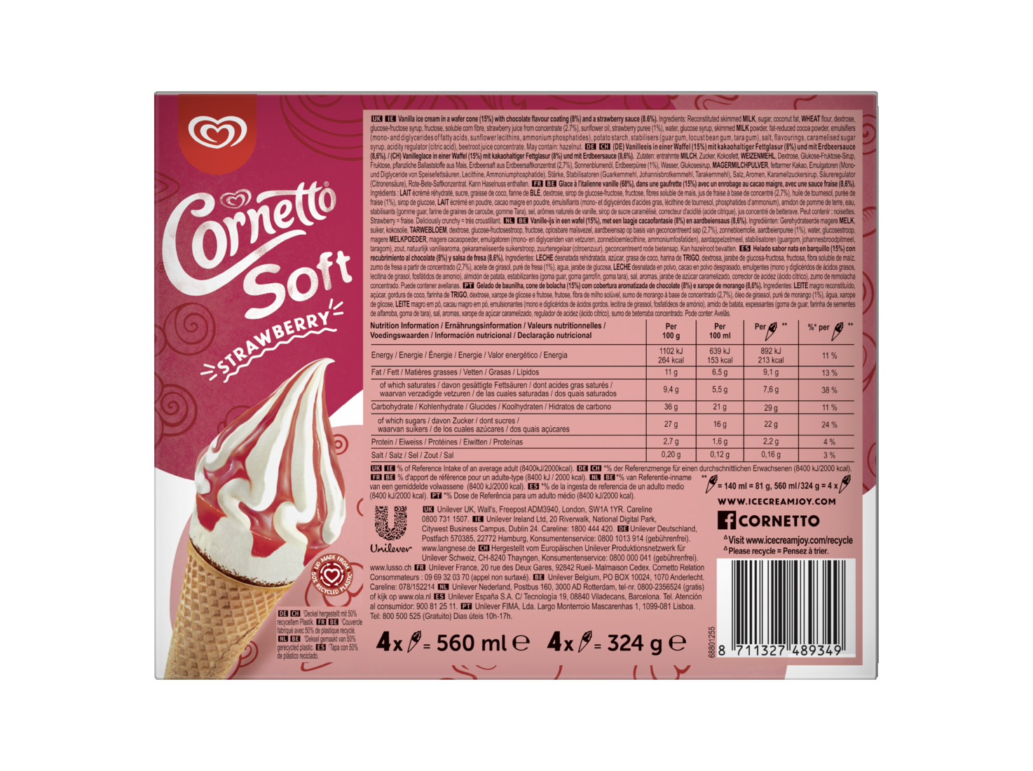 GELADO MULTIPACK CORNETTO SOFT MORANGO 4X140ML
