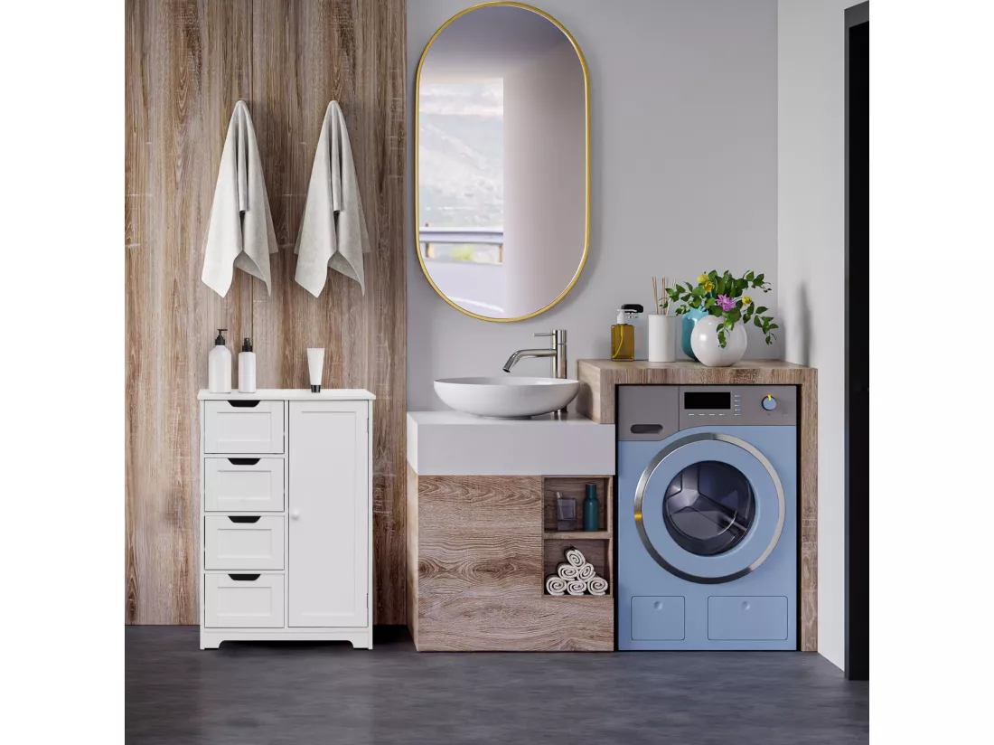 Meuble de salle de bain Moderne 4 Tiroirs 1 Porte Bois Blanc