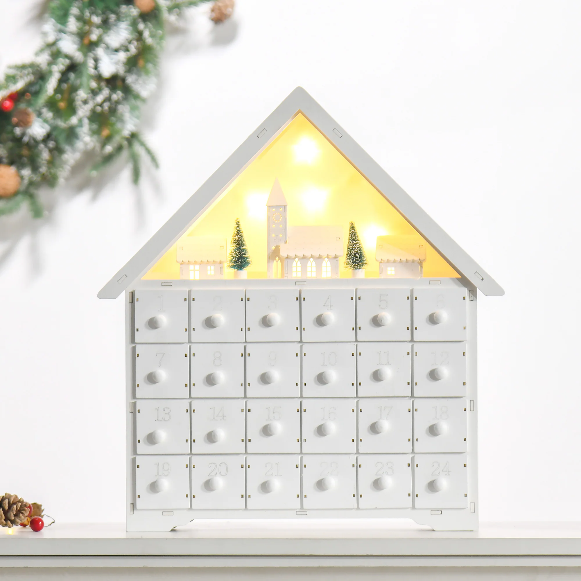 HOMCOM Adventskalender mit LED Lichtern und kleinem Dorf weiß 39B x 9T x 42H cm
