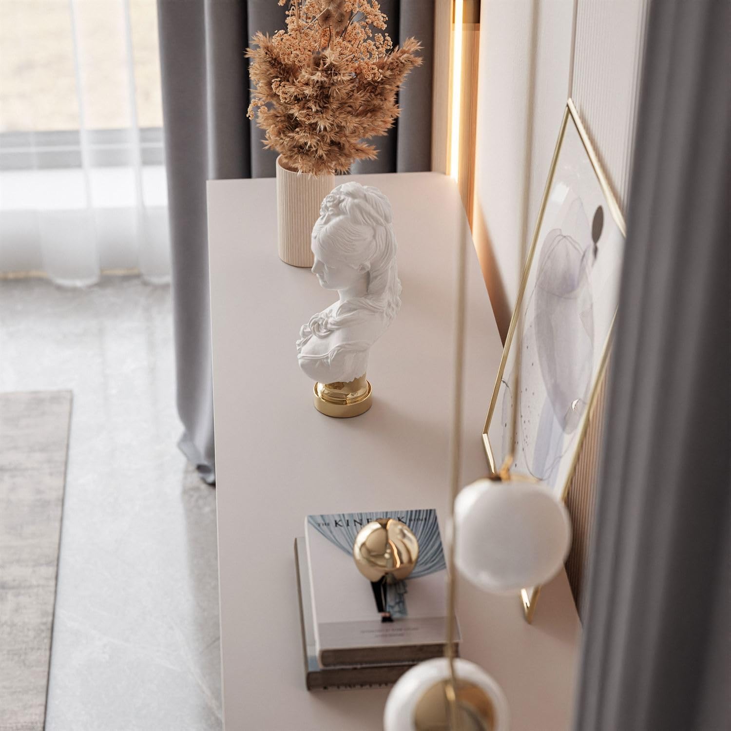 Lookway Kommode Aurora Kaschmir 6 Schubladen Weiß Hochglanz mit Golddekor, Hängend oder auf Goldfüßen – Modernes Design & Luxus für Wohnzimmer (Schräge Füße – Gold Chrom)