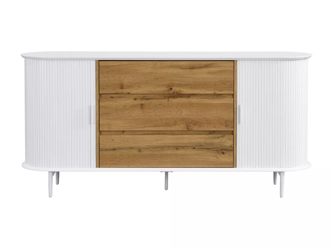 Buffet avec 2 portes coulissantes et 3 tiroirs en MDF - Blanc et naturel - VELURANI
