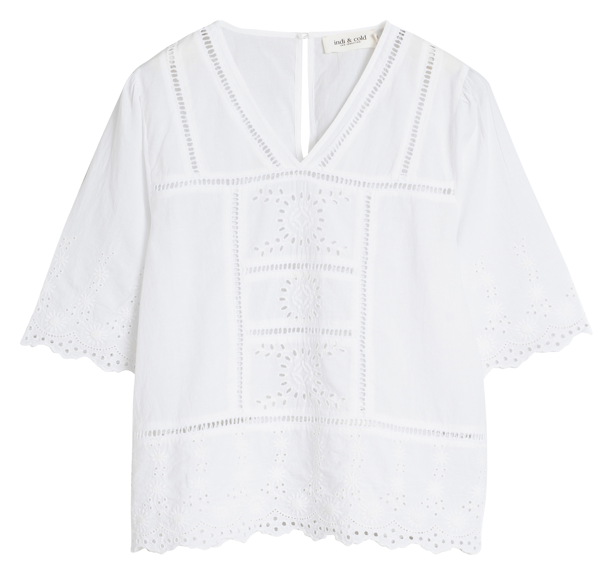 Top ample col V brodé en coton | Blanc