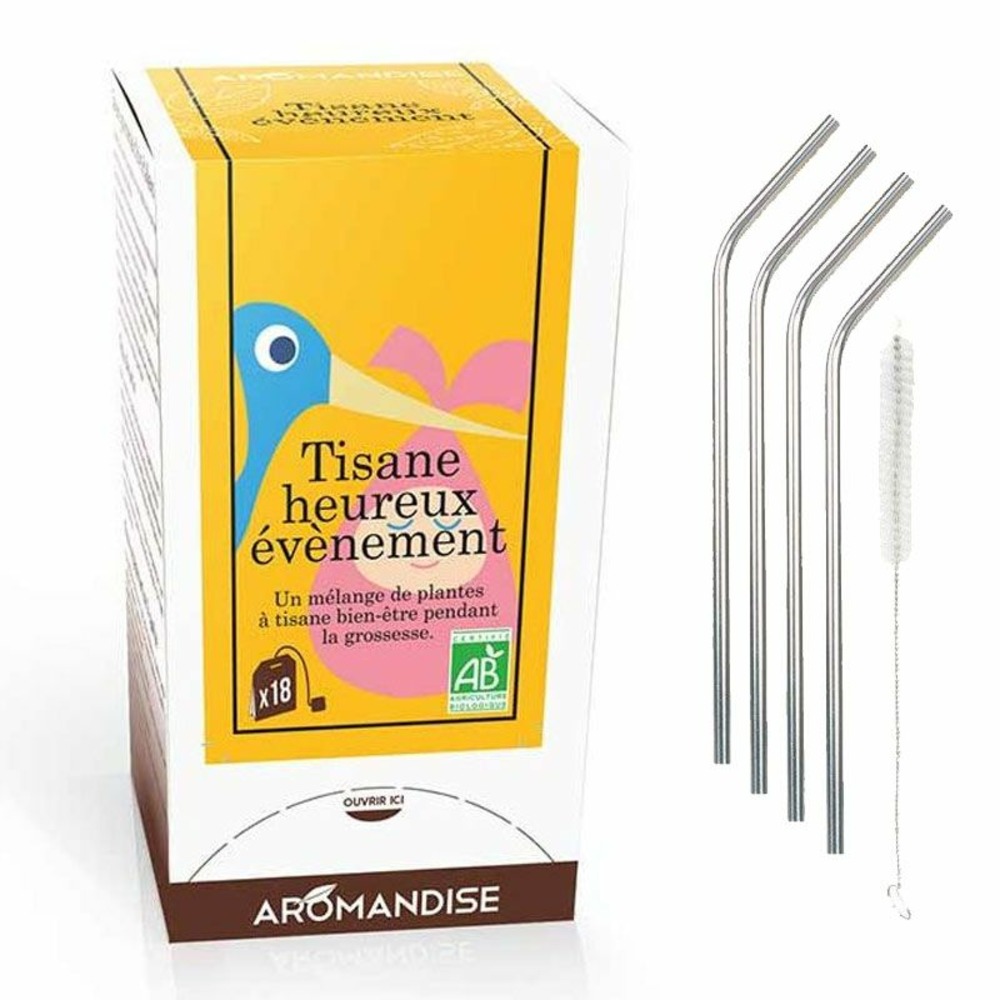 Tisane heureux evénement grossesse + 4 pailles en inox