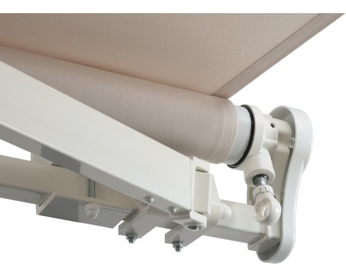 SOLUNA knikarmscherm Proof 2,5x2 Stofdesign 6020 Frame RAL 9010 Zuiver Wit Aandrijving rechts incl. slinger