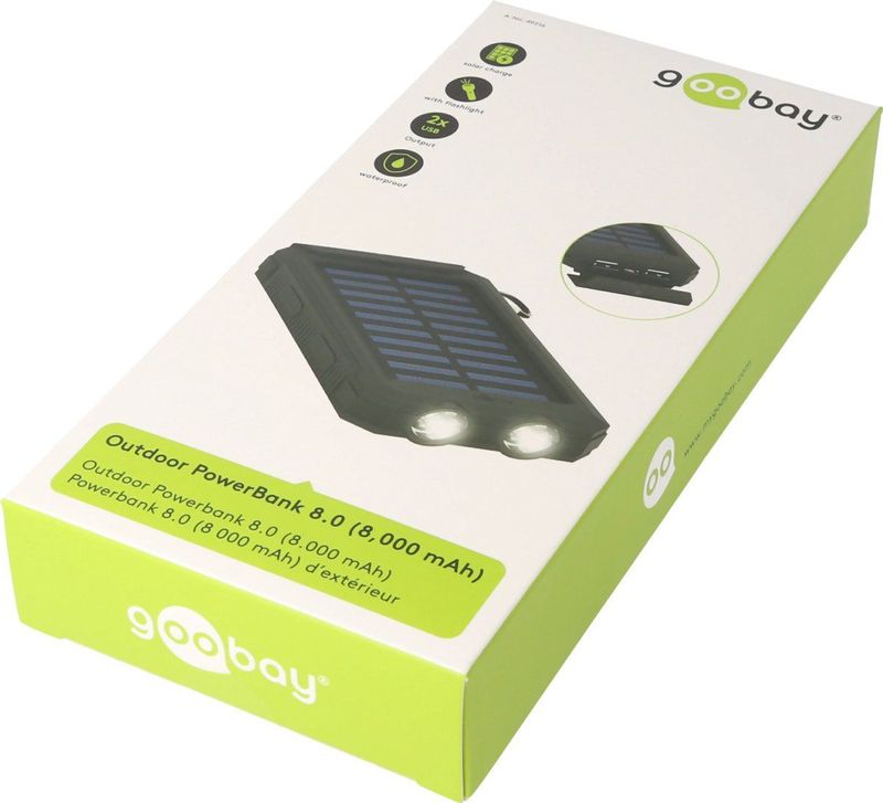 Goobay - Solar Outdoor Powerbank - Zwart - 8.000 mAh - 2x USB-A
