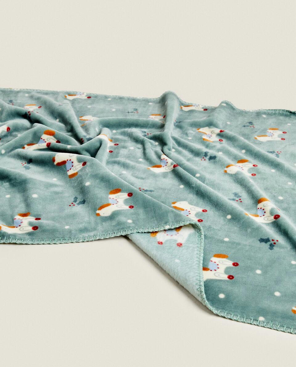 Manta infantil de lã com cavalo de balanço de Natal