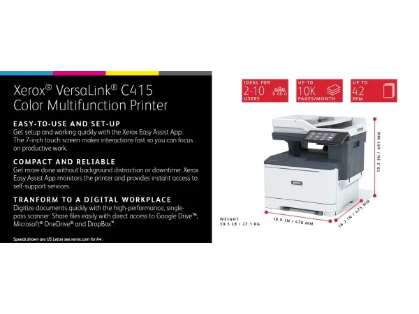 Xerox VersaLink C415V_DN - Multifunktionsprinter - farve - laser - Legal (216 x 356 mm) (original) - Legal (medie) - op til 42 spm (kopiering) - op til 42 spm (udskriver) - 251 ark - 33.6 Kbps - Gigabit LAN, USB 2.0, USB vært, NFC - Green World Allia