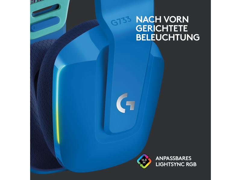 Logitech Headset G733 Lightspeed Blau Wireless-Gaming-Headset mit DTS 7.1 Surround-Sound und RGB Beleuchtung