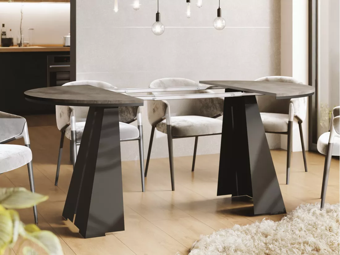 Table à Manger Ronde Extensible Avec Piètement Métallique Noir - Table Industrielle Moderne Pour Salle à Manger Ou Cuisine - 100 Cm à 180 Cm - Fabriqué En Ue - Grey