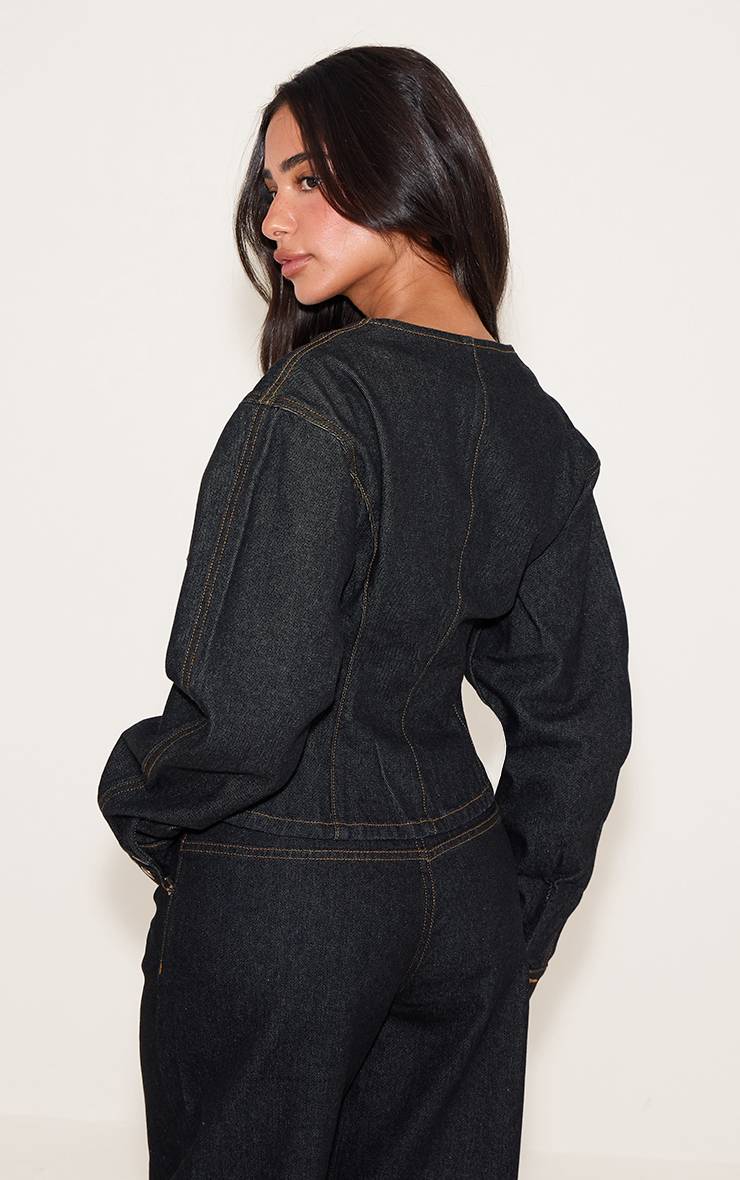 Bleu Indigo Foncé Veste En Jean Petite À Manches Cocon Et Boutons Dorés