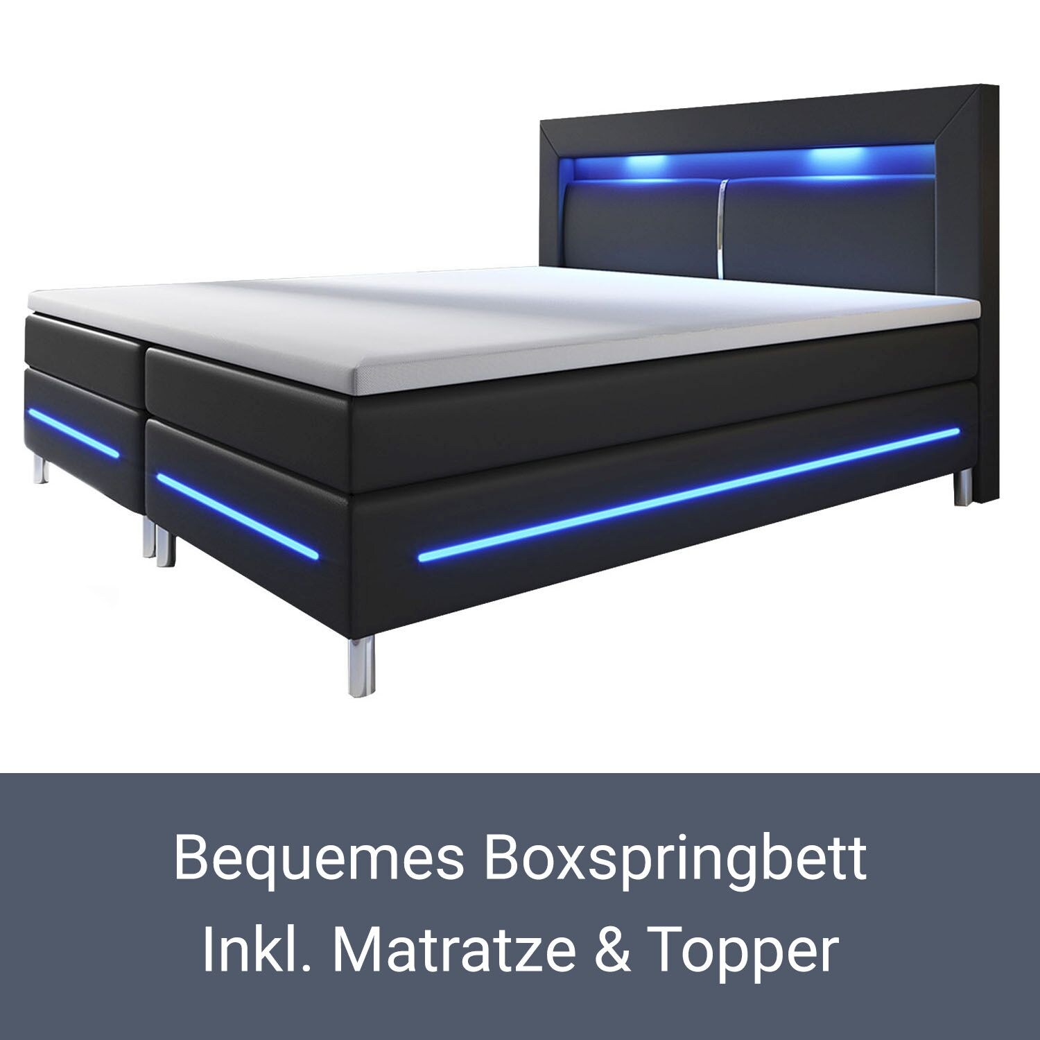 Juskys Boxspringbett Norfolk 140 x 200 cm – LED Beleuchtung, Bonell-Matratzen & Topper - schwarz