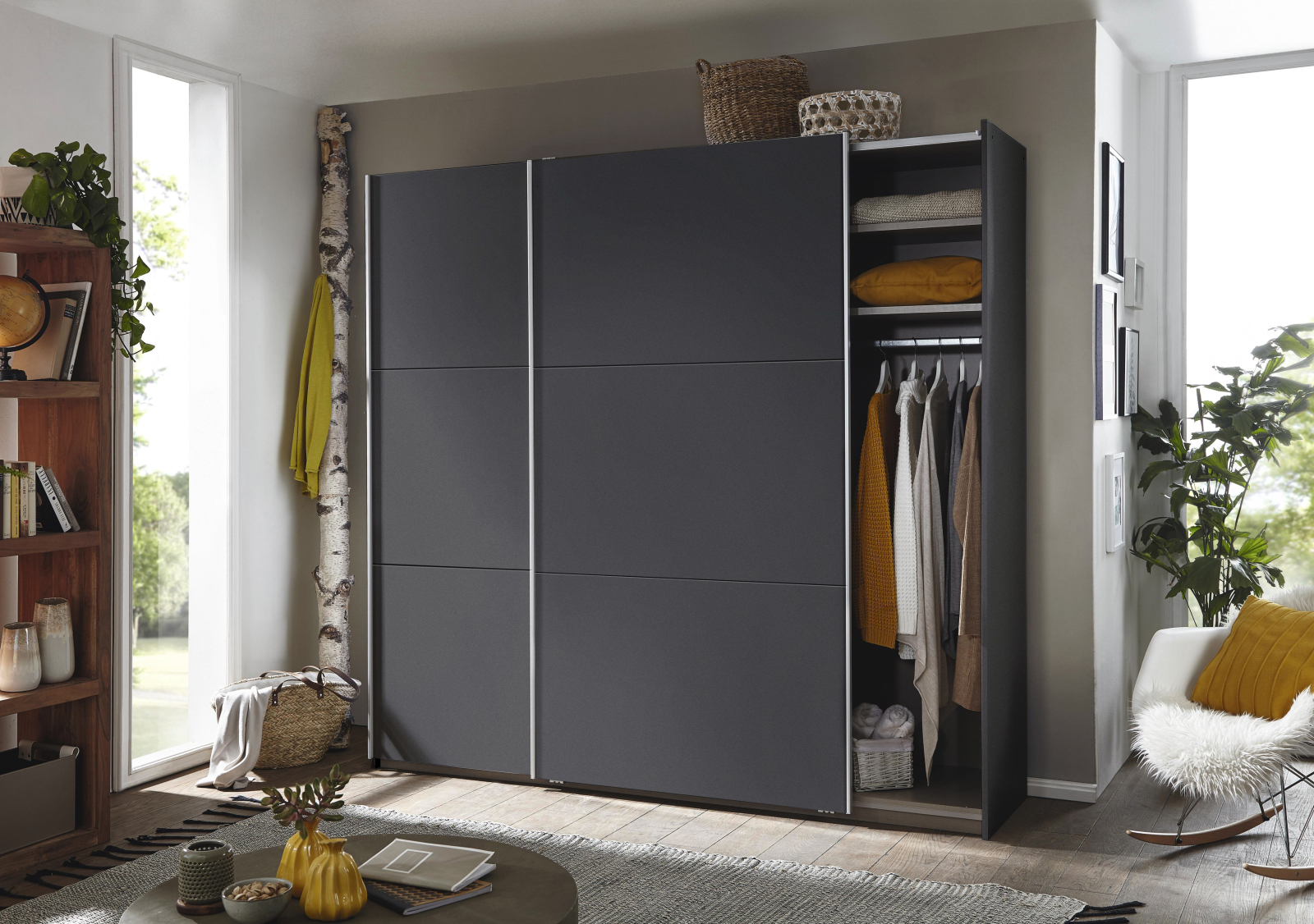 Schwebetürenschrank - grau-metallic - 2 Fachböden - 218 cm