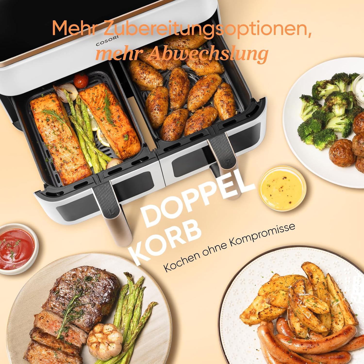 COSORI Heißluftfritteuse 2 Kammern, Testsieger der Stiftung Warentest, 8,5 L 6-in-1 Airfryer mit Sichtfenster, Schwarz-weiß